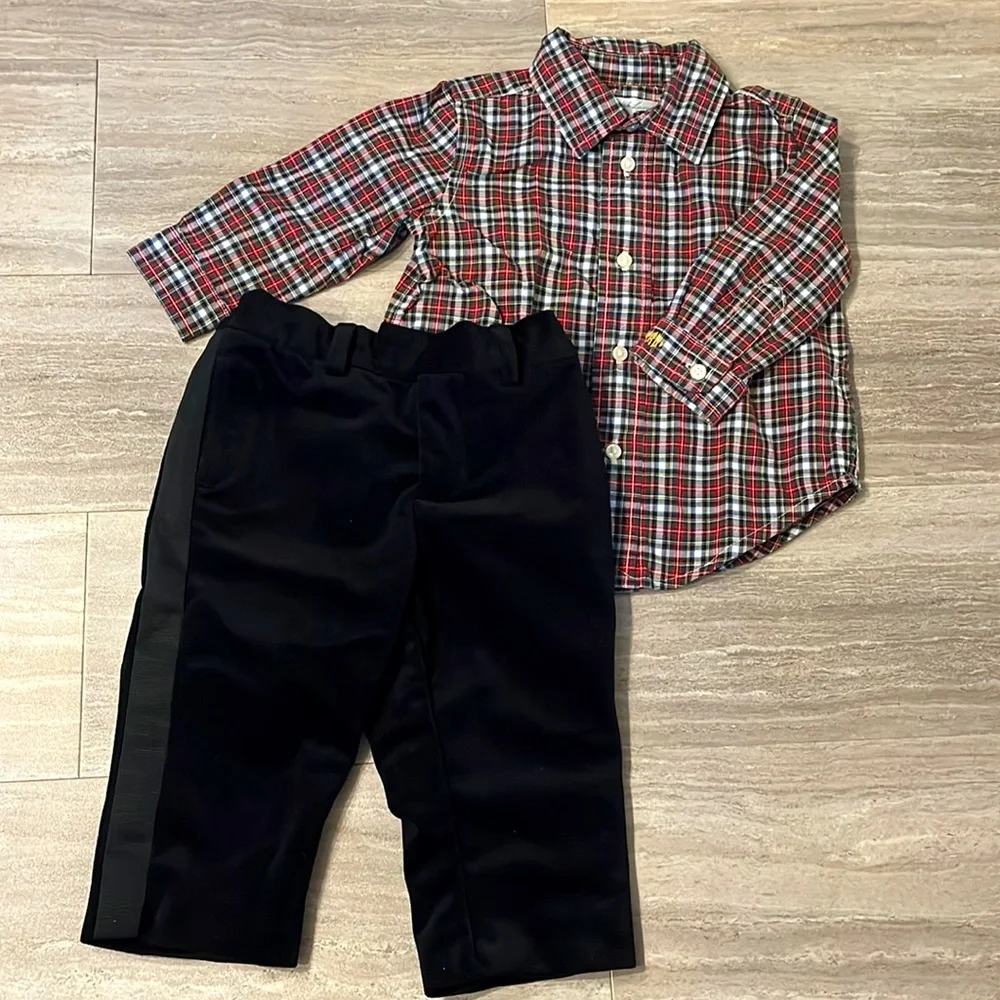 Ralph Lauren Baby Formal Plaid Dress Shirt & Velvet Tuxedo Pant Set